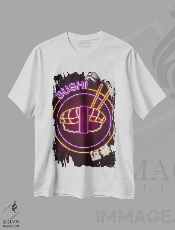 تیشرت سفید طرح دار تابلوی سوشی نئونی، هنر دیجیتال اثر دانی آرت | immage.ir
