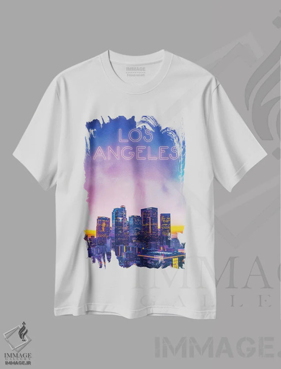 تیشرت سفید طرح دار غروب آفتاب در لس آنجلس، هنر دیجیتال اثر دانی آرت | فروشگاه ایماژ