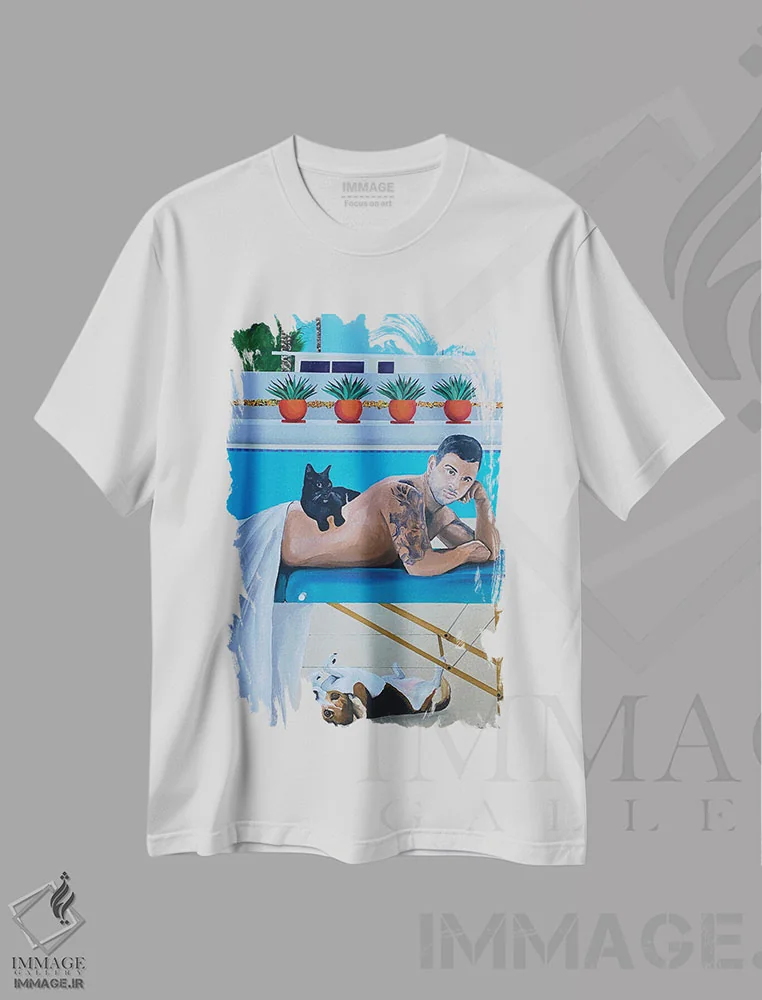 تیشرت سفید طرح دار ماساژ کنار استخر، تزئینی اثر دن نلسون | فروشگاه ایماژ