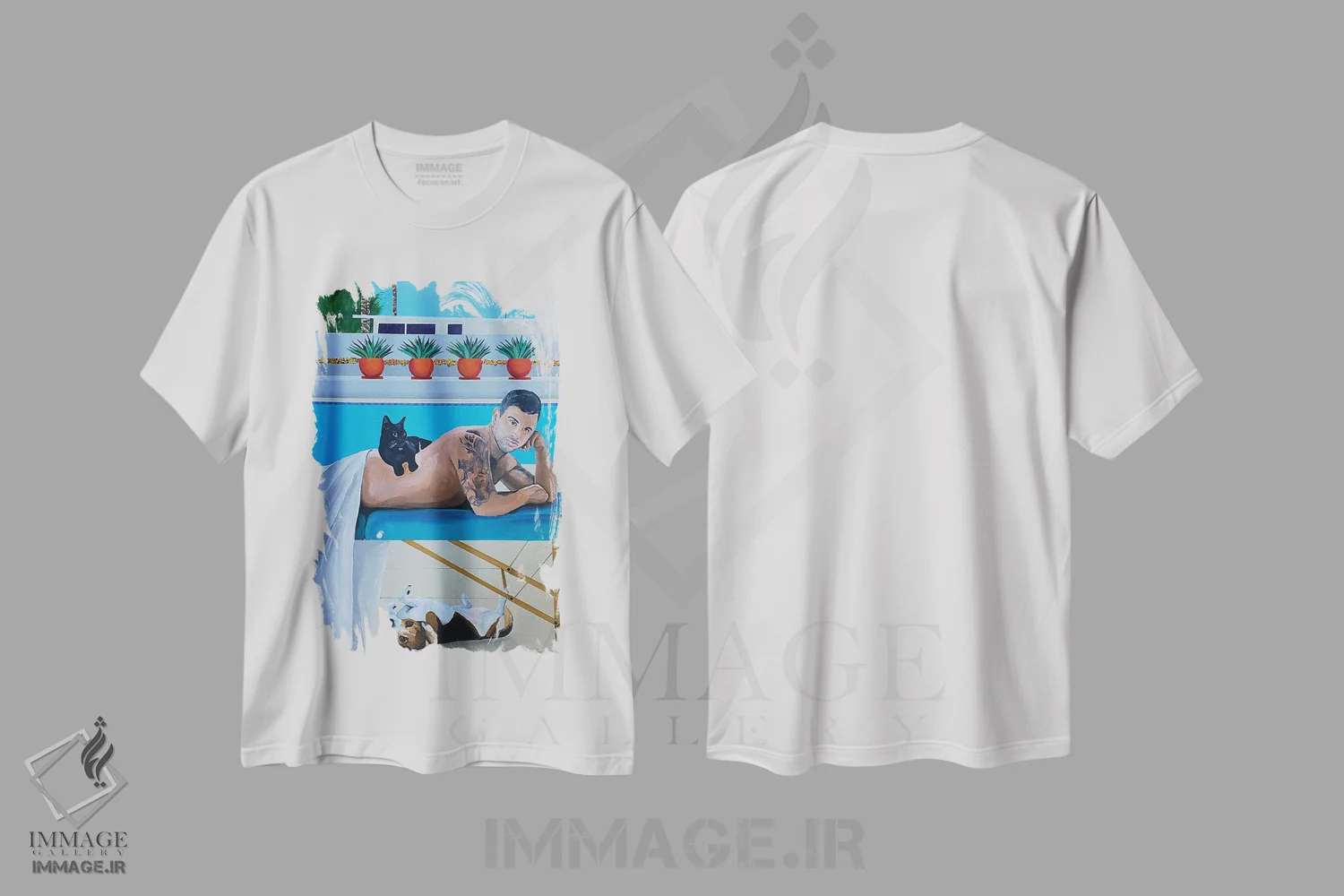 تیشرت سفید طرح دار ماساژ کنار استخر، تزئینی اثر دن نلسون | فروشگاه ایماژ