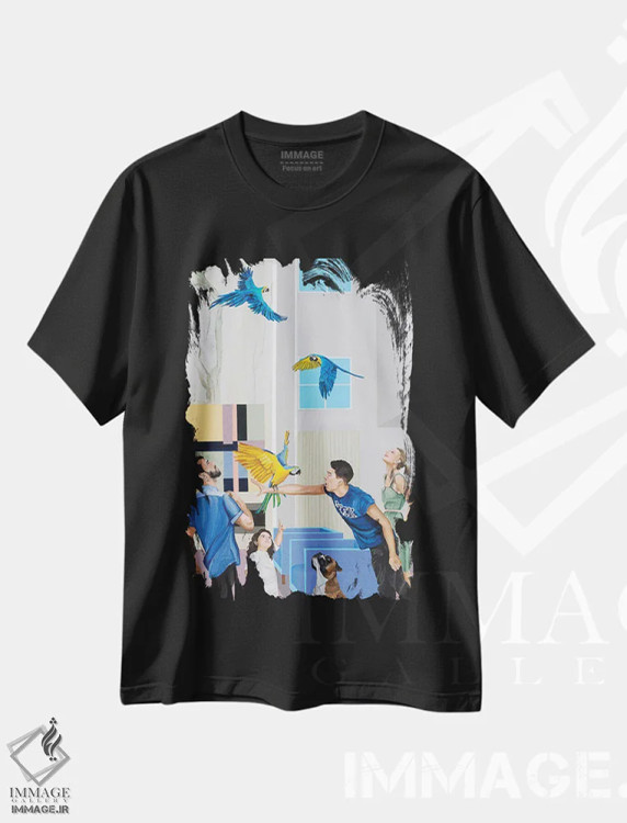 تیشرت مشکی طرح دار کی پرنده ها را رها کرد، هنر فاخر معاصر اثر دن نلسون | فروشگاه ایماژ