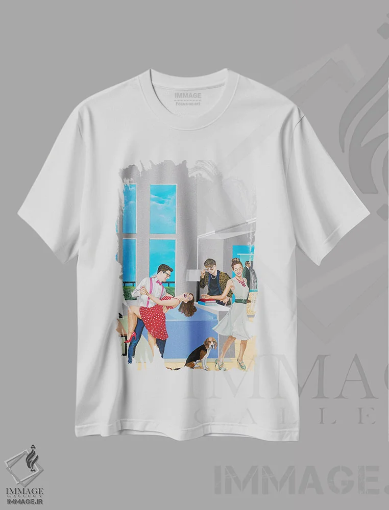 تیشرت سفید طرح دار رقصیدن با دیوید تال، هنر فاخر معاصر اثر دن نلسون | فروشگاه ایماژ