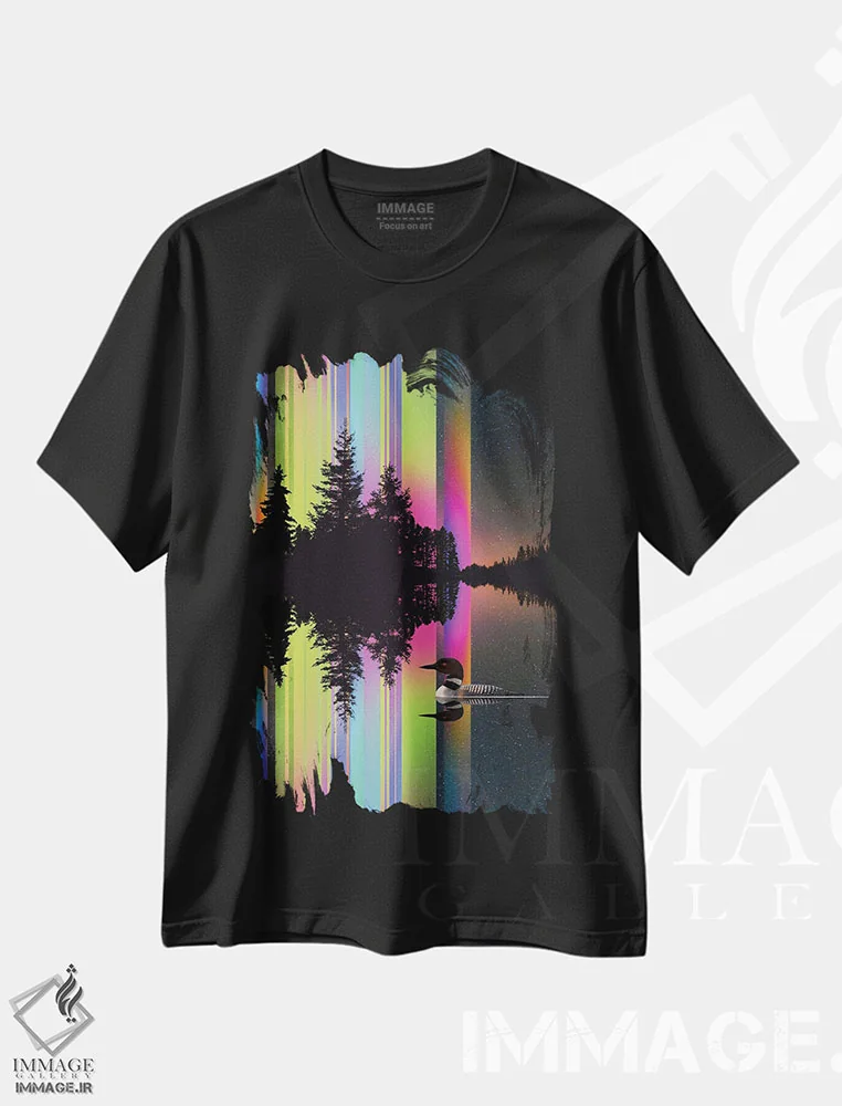 تیشرت مشکی طرح دار نورهای دریاچه، هنر فاخر معاصر اثر دیوید لوبلاو | immage.ir