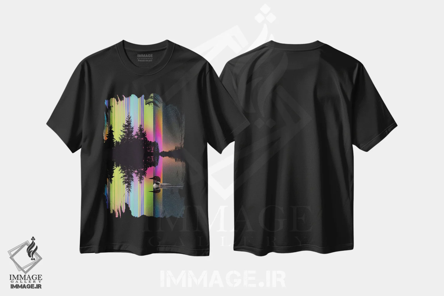 تیشرت مشکی طرح دار نورهای دریاچه، هنر فاخر معاصر اثر دیوید لوبلاو | immage.ir