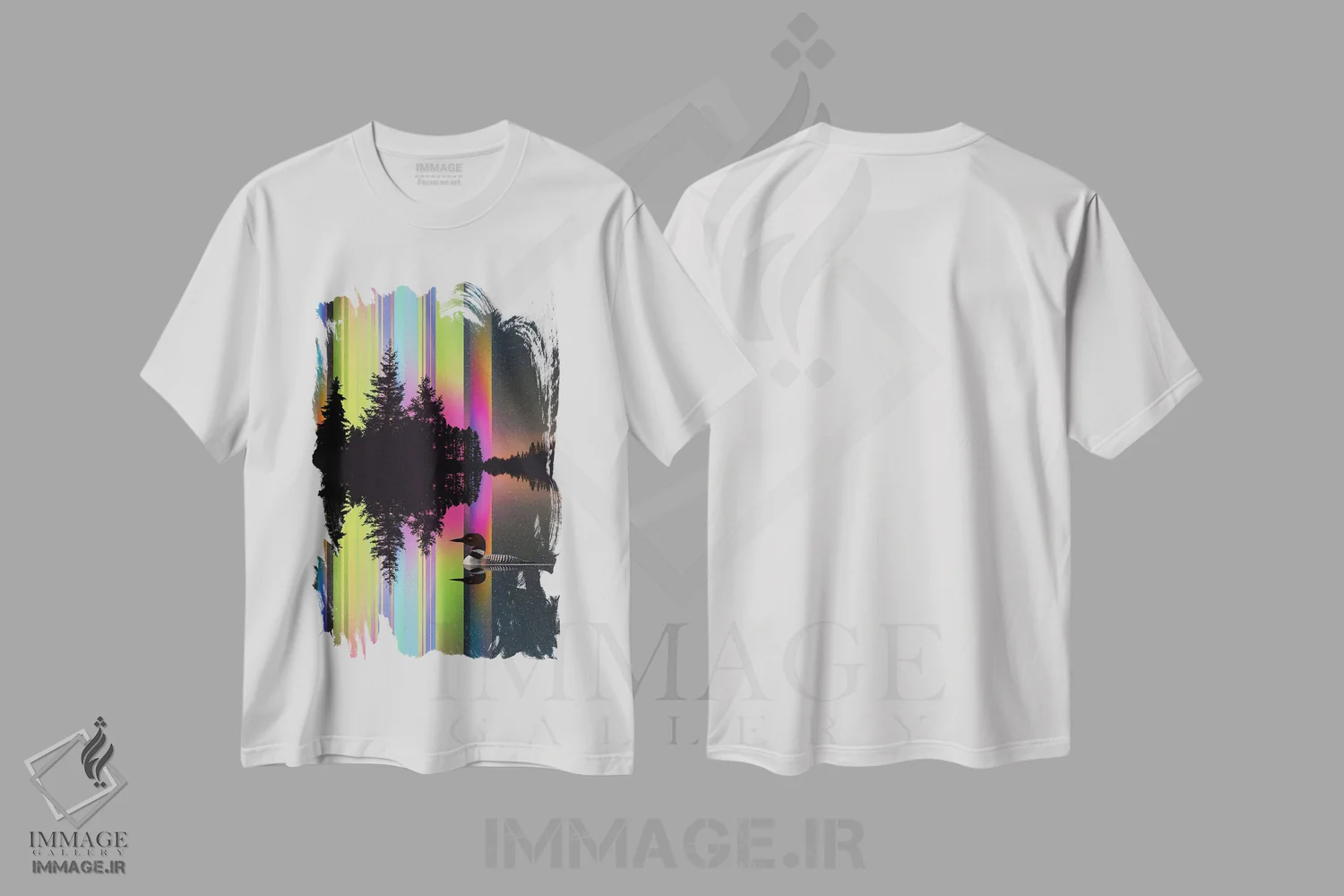تیشرت سفید طرح دار نورهای دریاچه، هنر فاخر معاصر اثر دیوید لوبلاو | فروشگاه ایماژ