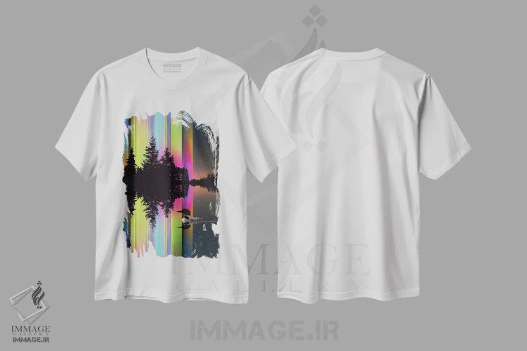 تیشرت سفید طرح دار نورهای دریاچه، هنر فاخر معاصر اثر دیوید لوبلاو | فروشگاه ایماژ