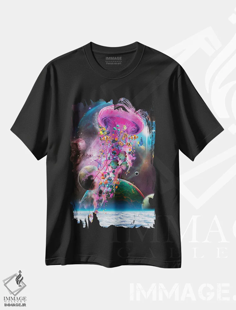 تیشرت مشکی طرح دار عروس دریایی برقی صورتی، هنر دیجیتال اثر دیوید لوبلاو | immage.ir