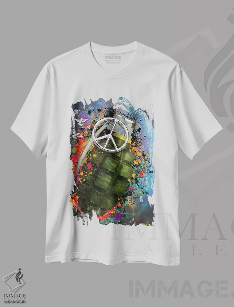 تیشرت سفید طرح دار نارنجک صلح، هنر دیجیتال اثر دیوید لوبلاو | immage.ir