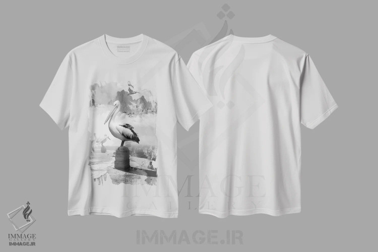 تیشرت سفید طرح دار قلهٔ پلیکان های عظیم، هنر دیجیتال سیاه و سفید اثر دیوید لوبلاو | فروشگاه ایماژ