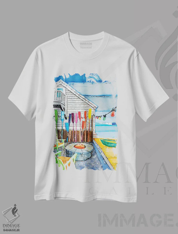 تیشرت سفید طرح دار منظرهٔ دریا، دکور ساحلی اثر دنی فیلیپس | فروشگاه ایماژ