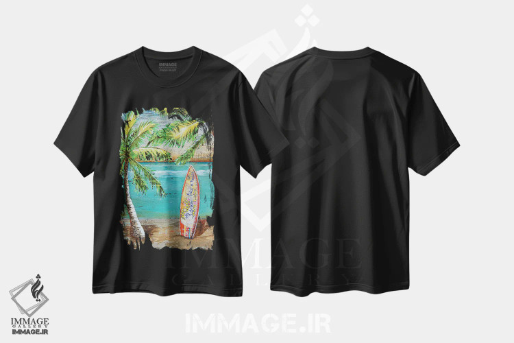 تیشرت مشکی طرح دار زمان موج سواری، دکور ساحلی اثر دنی فیلیپس | فروشگاه ایماژ