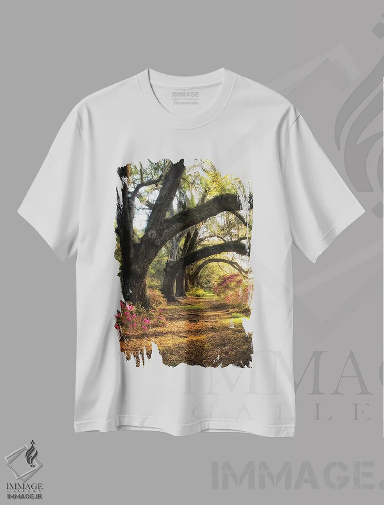 تیشرت سفید طرح دار زیر بلوط های همیشه سبز ۲، مدیوم اثر دنی هد | immage.ir