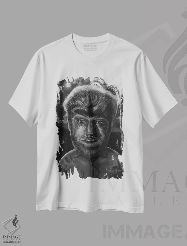 تیشرت سفید طرح دار مرد گرگ نما، هنر فاخر معاصر اثر دیینزو | فروشگاه ایماژ