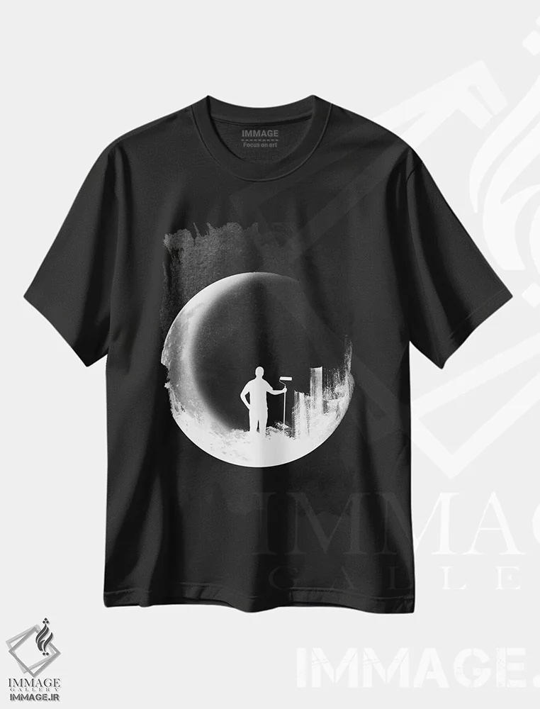تیشرت مشکی طرح دار اعتدال شب و روز، هنر دیجیتال سیاه و سفید اثر راب دابی | فروشگاه ایماژ