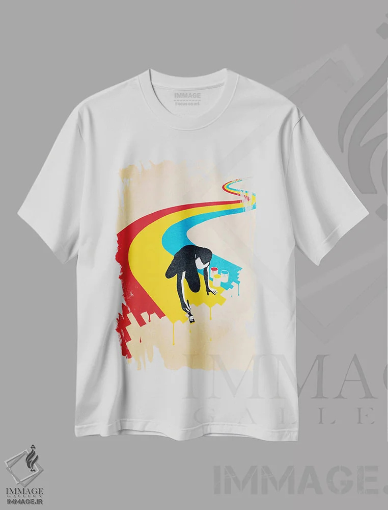تیشرت سفید طرح دار جاده رنگین کمان، هنر دیجیتال اثر راب دابی | فروشگاه ایماژ