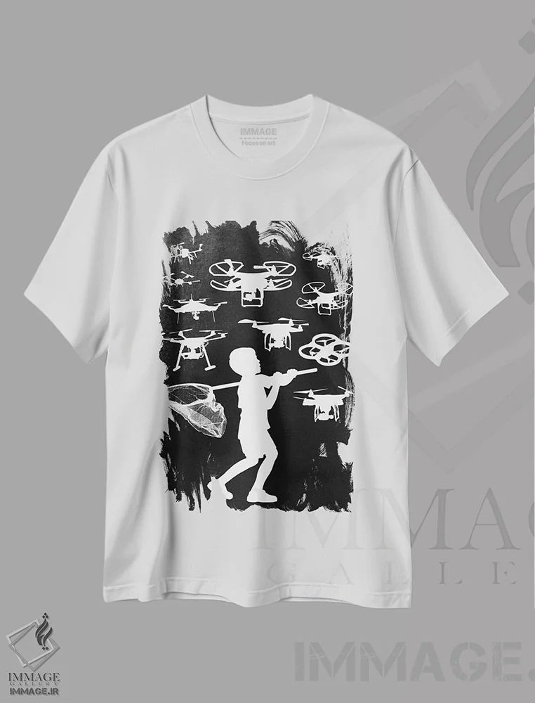 تیشرت سفید طرح دار تور ایمنی، هنر دیجیتال سیاه و سفید اثر راب دابی | فروشگاه ایماژ