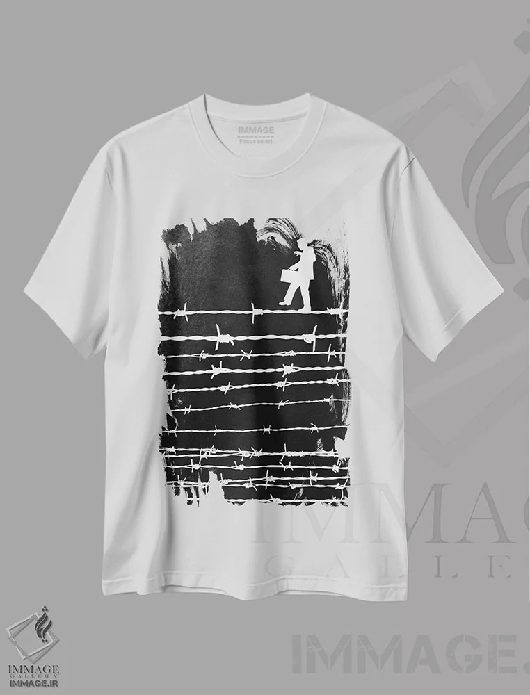 تیشرت سفید طرح دار عمل متعادل، هنر دیجیتال سیاه و سفید اثر راب دابی | فروشگاه ایماژ