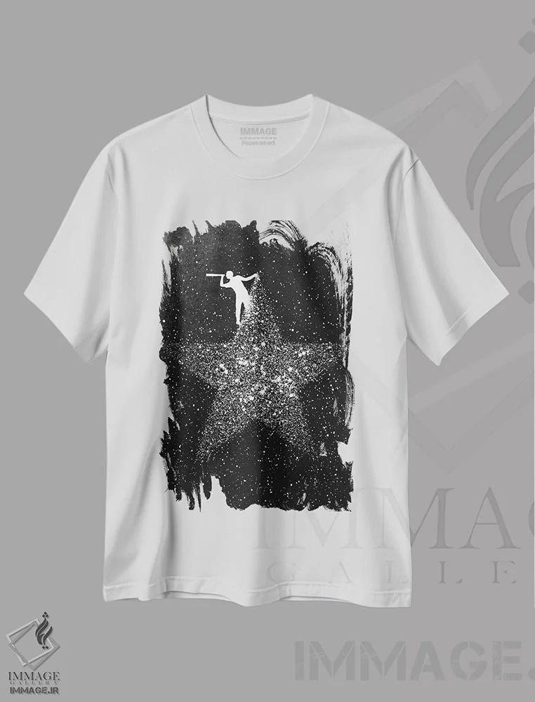 تیشرت سفید طرح دار ستاره بینی، هنر دیجیتال سیاه و سفید اثر راب دابی | immage.ir