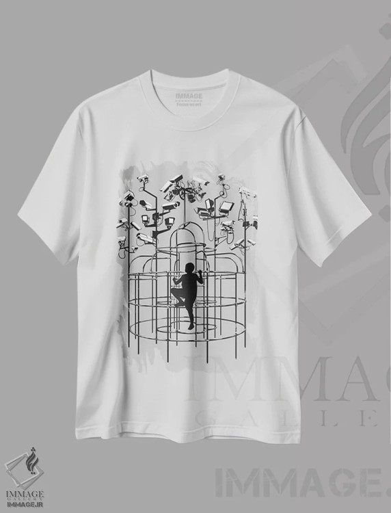 تیشرت سفید طرح دار نظارت، هنر دیجیتال سیاه و سفید اثر راب دابی | فروشگاه ایماژ