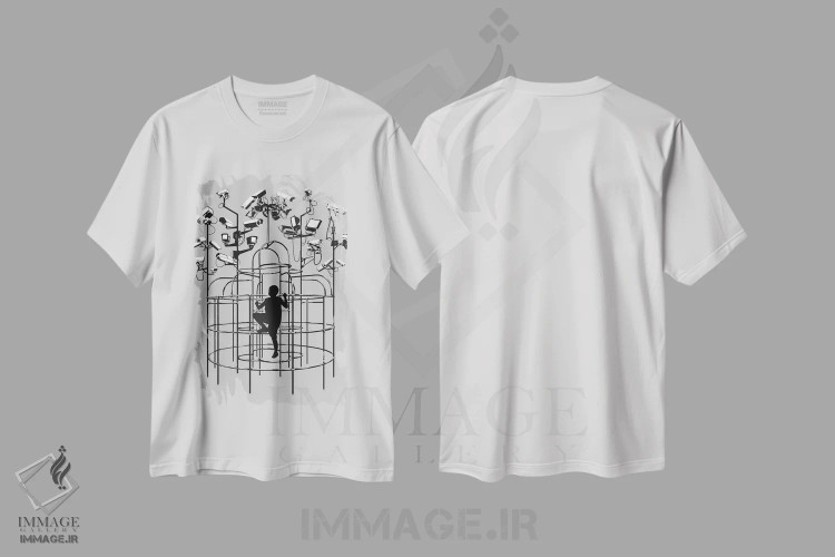 تیشرت سفید طرح دار نظارت، هنر دیجیتال سیاه و سفید اثر راب دابی | فروشگاه ایماژ