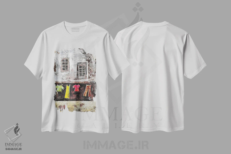 تیشرت سفید طرح دار من در خانه می مانم، هنر فاخر معاصر اثر دوناتلا مارائونی | فروشگاه ایماژ