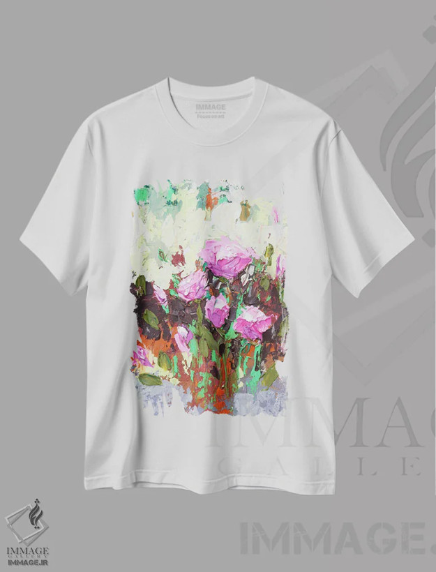 تیشرت سفید طرح دار شقایق ها در صورتی ۱، آبستره اثر دوناتلا مارائونی | فروشگاه ایماژ