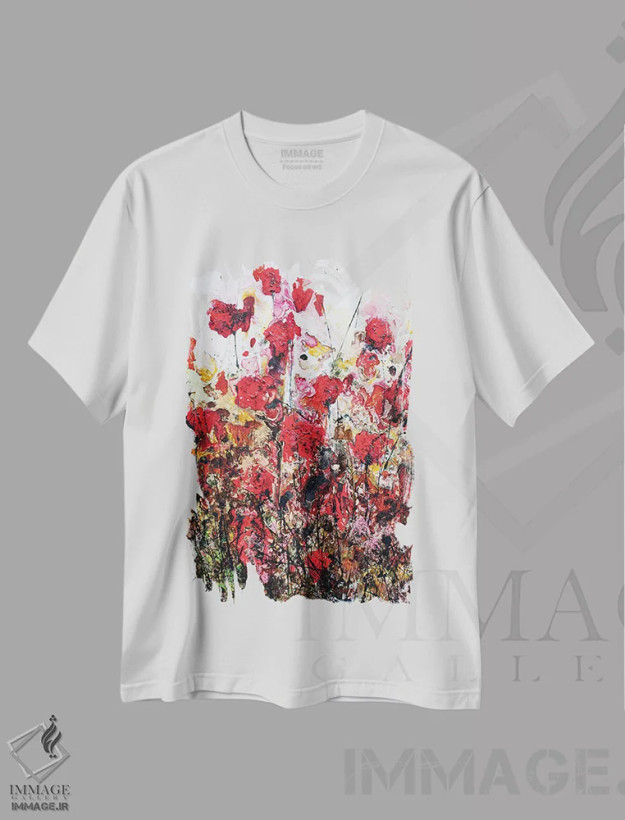 تیشرت سفید طرح دار شقایق های صورتی...و عشق، آبستره اثر دوناتلا مارائونی | فروشگاه ایماژ