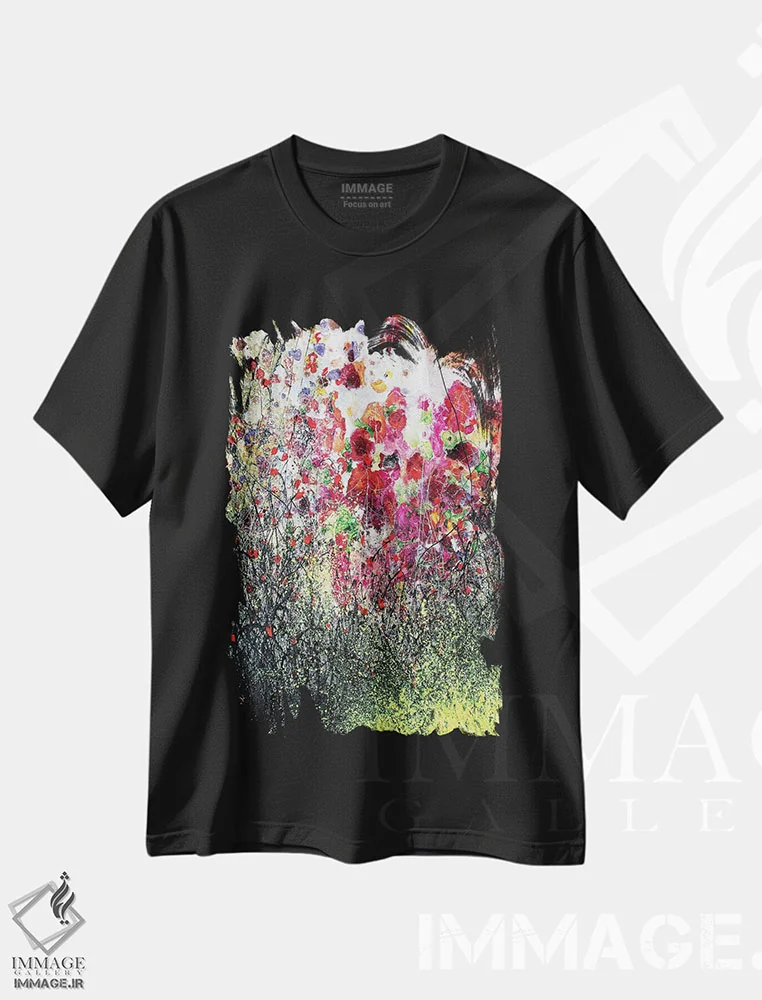 تیشرت مشکی طرح دار شقایق ها و تابستان، آبستره اثر دوناتلا مارائونی | فروشگاه ایماژ