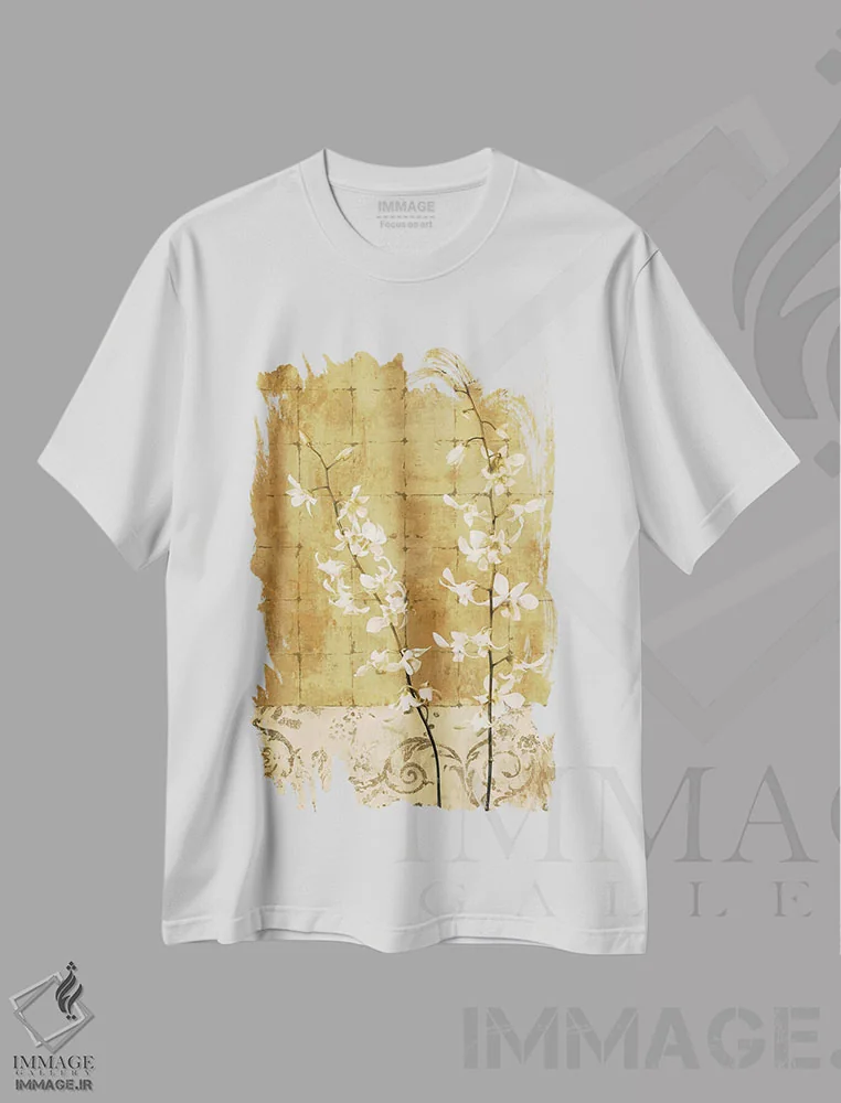تیشرت سفید طرح دار شکوفه های طلایی I، دکور معاصر اثر کریس دونوان | فروشگاه ایماژ