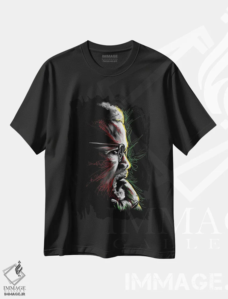 تیشرت مشکی طرح دار اندیشه های مالکوم ایکس، هنر آمریکایی آفریقایی تبار اثر هنر اندرو | immage.ir