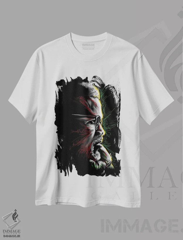 تیشرت سفید طرح دار اندیشه های مالکوم ایکس، هنر آمریکایی آفریقایی تبار اثر هنر اندرو | فروشگاه ایماژ