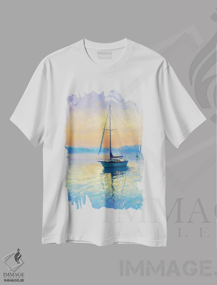 تیشرت سفید طرح دار غروب XXI، هنر فاخر معاصر اثر دمیتری اولین | فروشگاه ایماژ