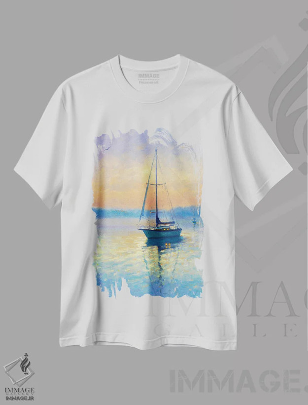 تیشرت سفید طرح دار غروب XXI، هنر فاخر معاصر اثر دمیتری اولین | فروشگاه ایماژ