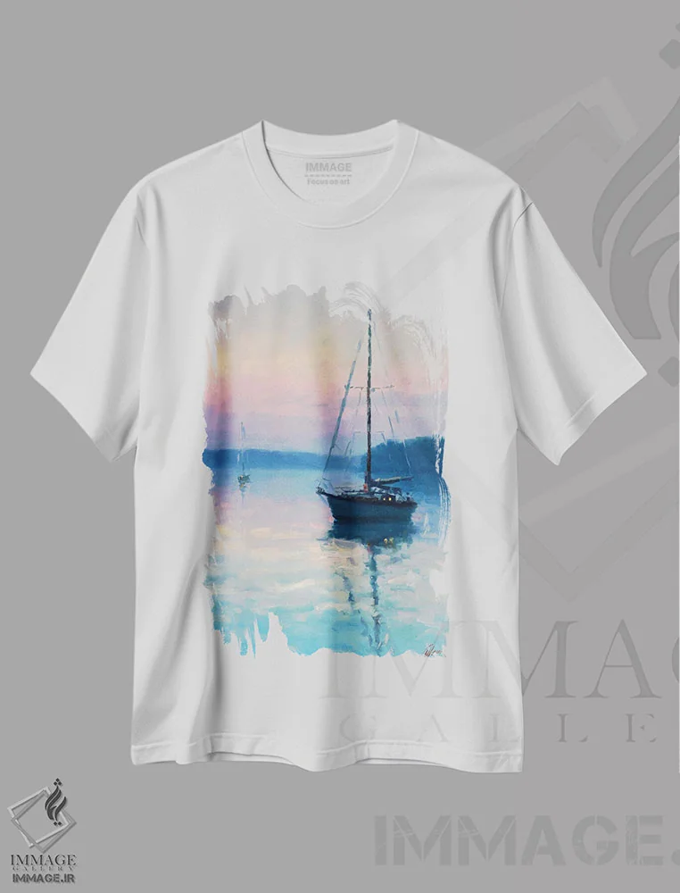 تیشرت سفید طرح دار غروب XXII، هنر فاخر معاصر اثر دمیتری اولین | فروشگاه ایماژ
