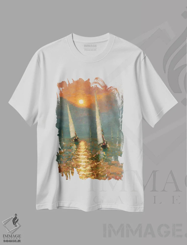 تیشرت سفید طرح دار غروب XVI، هنر فاخر معاصر اثر دمیتری اولین | فروشگاه ایماژ