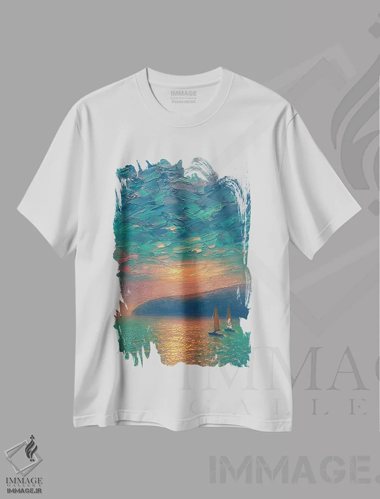 تیشرت سفید طرح دار منظرهٔ دریا VIII، هنر فاخر معاصر اثر دمیتری اولین | فروشگاه ایماژ