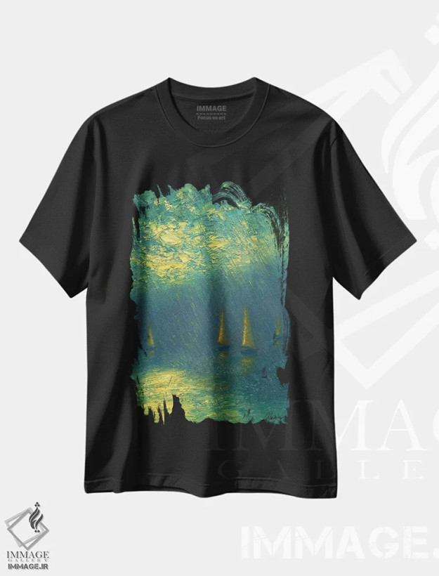 تیشرت مشکی طرح دار رودخانه بارانی، هنر فاخر معاصر اثر دمیتری اولین | فروشگاه ایماژ