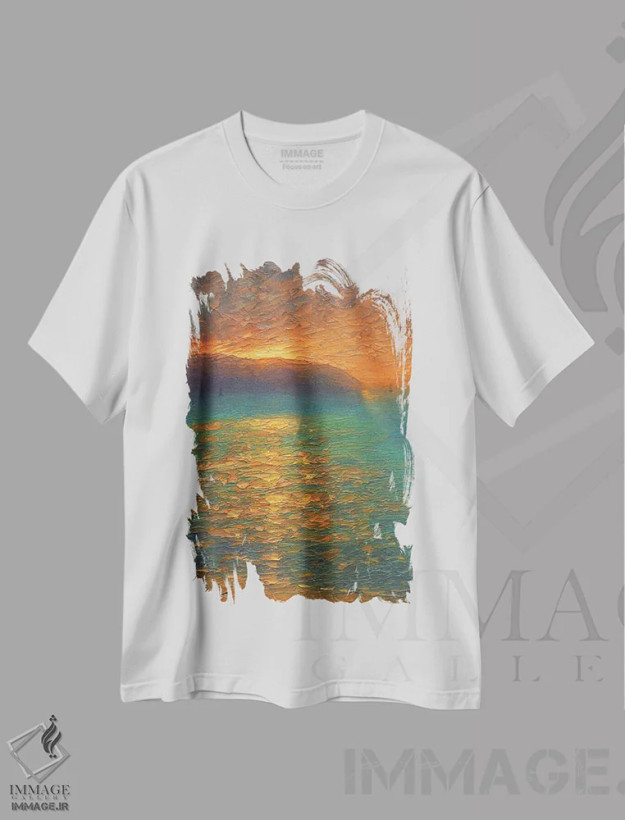 تیشرت سفید طرح دار غروب ششم، دکور ساحلی اثر دمیتری اولین | فروشگاه ایماژ