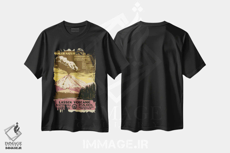 تیشرت مشکی طرح دار پارک ملی آتشفشانی لسن، حدود ۱۹۳۸، تزئینی اثر C. دان پاول | فروشگاه ایماژ