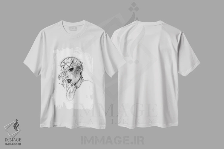 تیشرت سفید طرح دار ساعت، دکوراسیون جایگزین اثر دوریانا پوپا | فروشگاه ایماژ