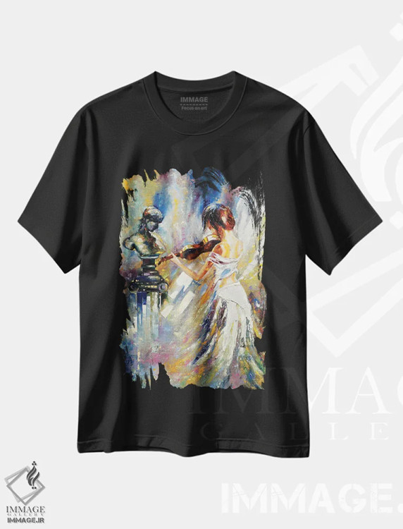تیشرت مشکی طرح دار نواختن ویولن مقابل تندیس، دکور معاصر اثر بالایکین | immage.ir