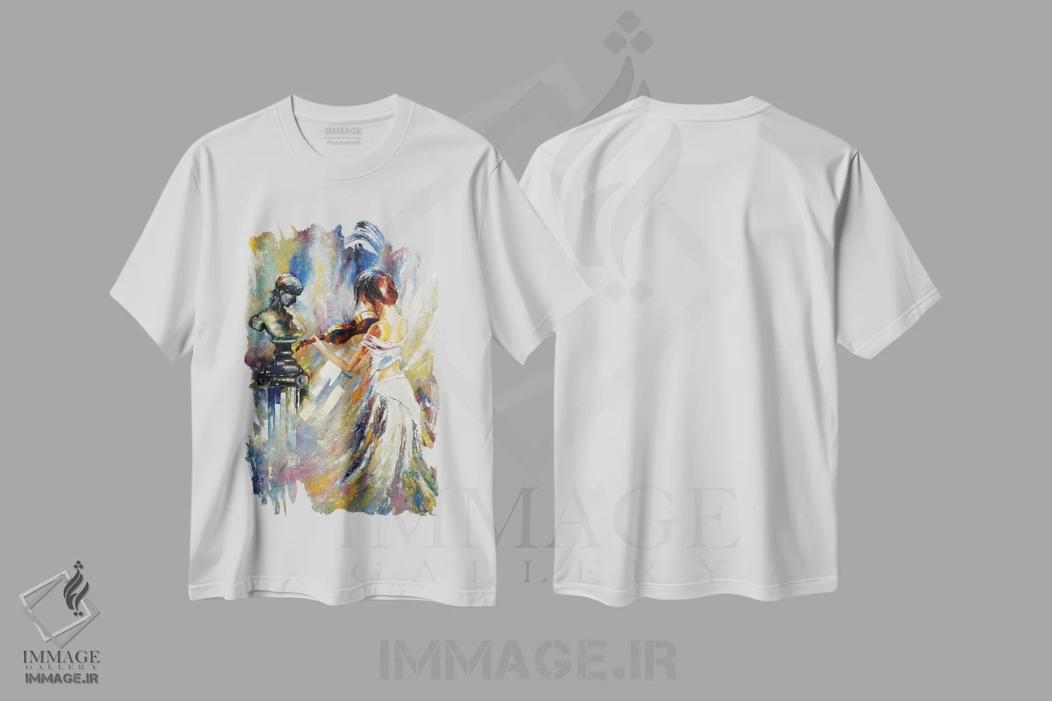 تیشرت سفید طرح دار نواختن ویولن مقابل تندیس، دکور معاصر اثر بالایکین | فروشگاه ایماژ
