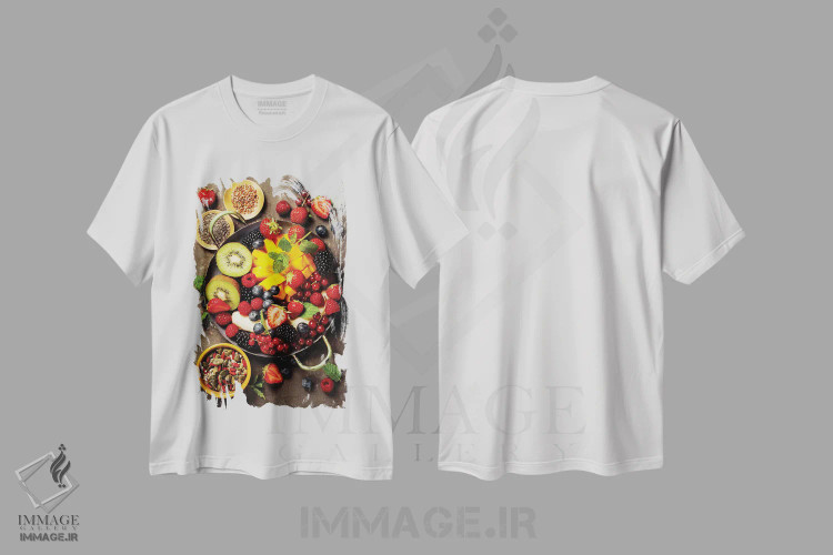 تیشرت سفید طرح دار میوه ها و توت های تازه در بشقاب، مدیوم اثر کلنووا | immage.ir