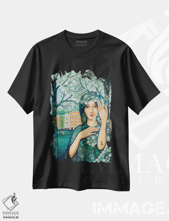 تیشرت مشکی طرح دار طبیعت به رنگ سپید آراسته، هنر فاخر معاصر اثر دنیلا پرزیوزو اینوالر | immage.ir