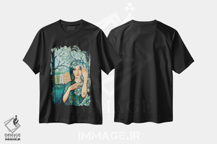 تیشرت مشکی طرح دار طبیعت به رنگ سپید آراسته، هنر فاخر معاصر اثر دنیلا پرزیوزو اینوالر | immage.ir