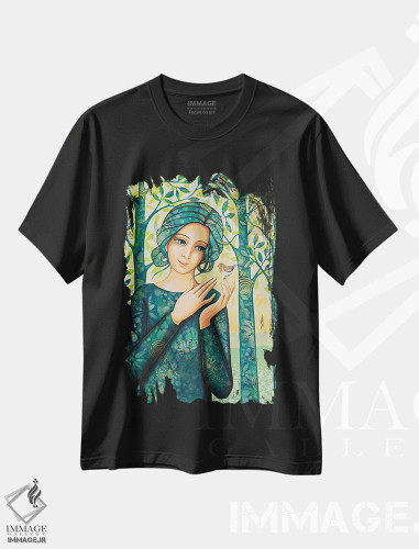 تیشرت مشکی طرح دار بهار، افسانهٔ سینه سرخ، هنر فاخر معاصر اثر دنیلا پرزیوزو اینوالر | فروشگاه ایماژ