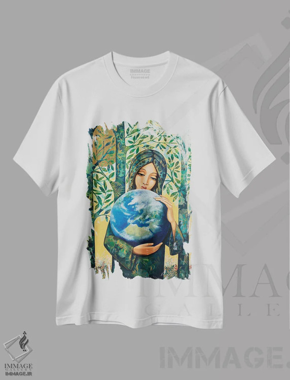 تیشرت سفید طرح دار دنیا در دستان تو، هنر فاخر معاصر اثر دنیلا پرزیوزو اینوالر | immage.ir