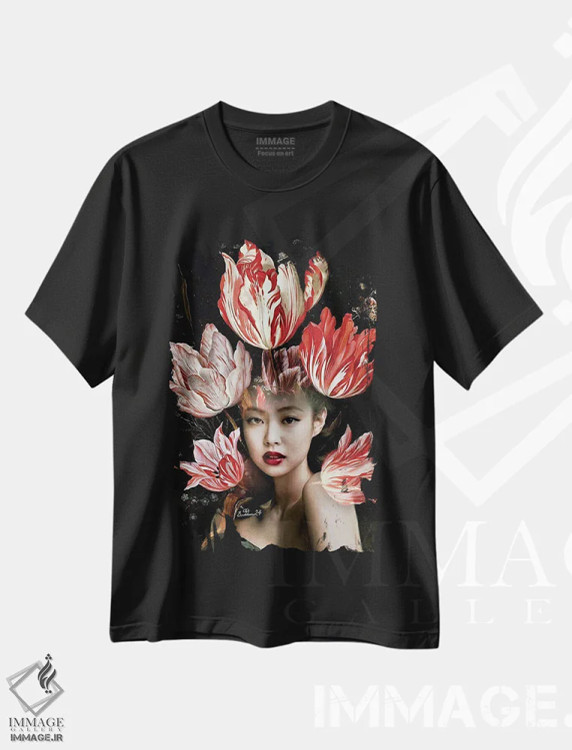 تیشرت مشکی طرح دار دختر نمایش گل لاله، دکور آسیایی اثر دومینیک بادوئل | immage.ir