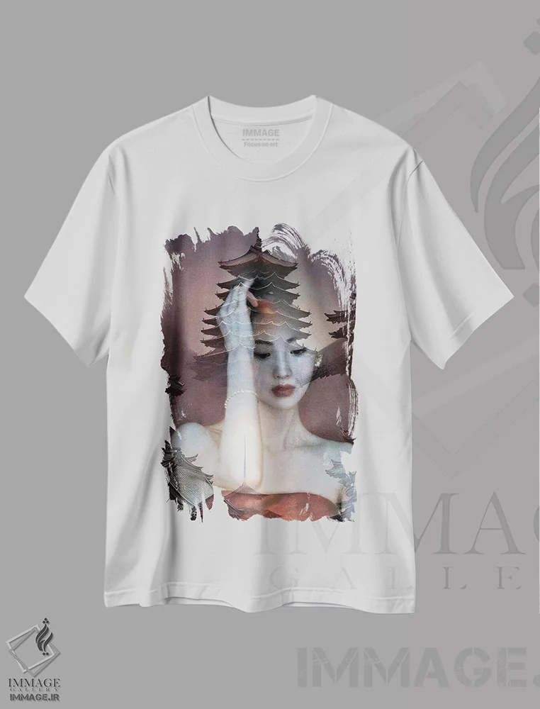 تیشرت سفید طرح دار پاگودا، دکور آسیایی اثر دومینیک بادوئل | فروشگاه ایماژ