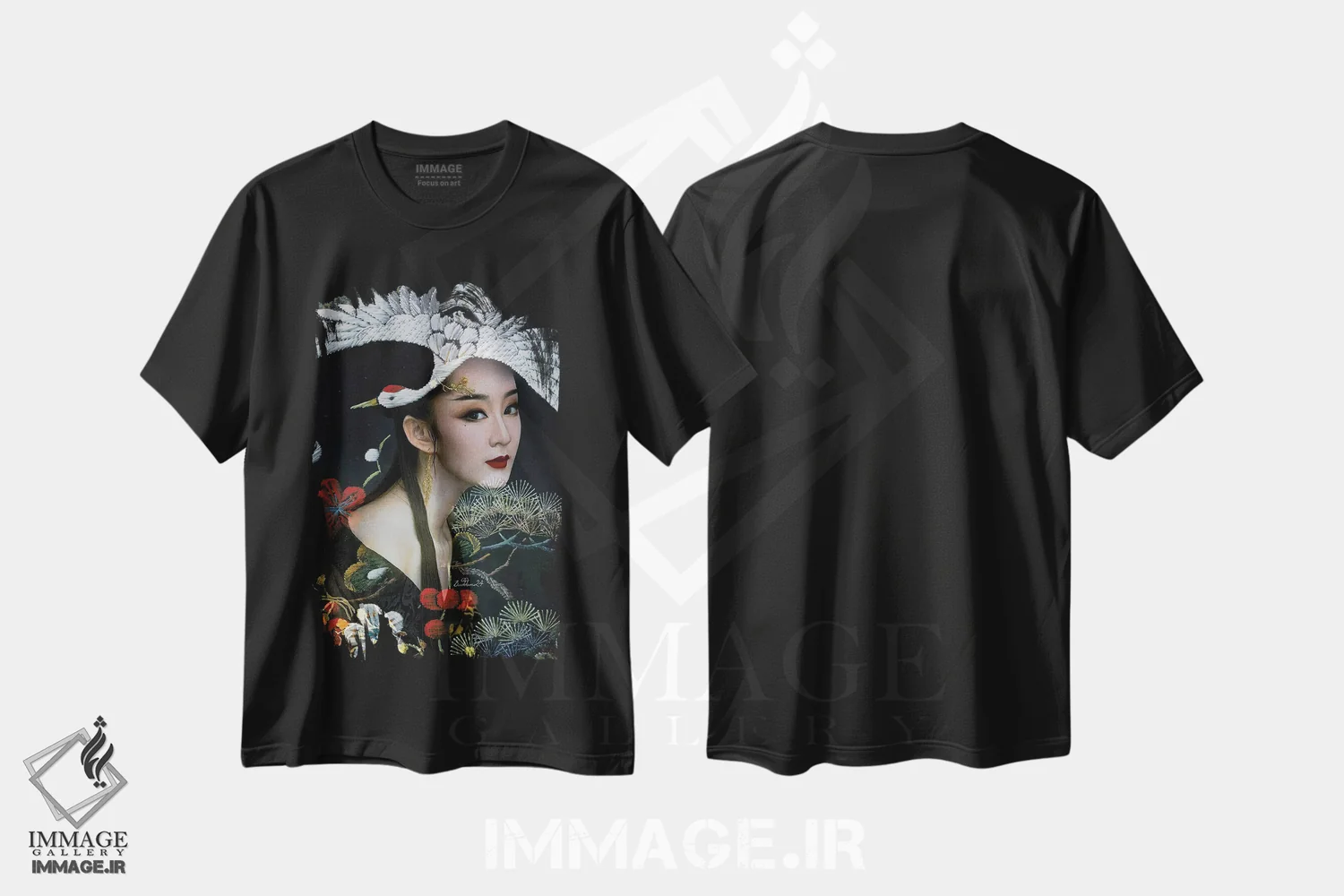 تیشرت مشکی طرح دار بانویی با درنای سفید، دکور آسیایی اثر دومینیک بادوئل | فروشگاه ایماژ